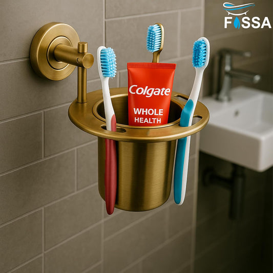 Fossa Brush Holder – Stainless Steel Wall Mounted Tumbler & Toothbrush Holder for Bathroom | Rustproof Organizer & Bathroom Accessories Set | Gold Matte Finish-1